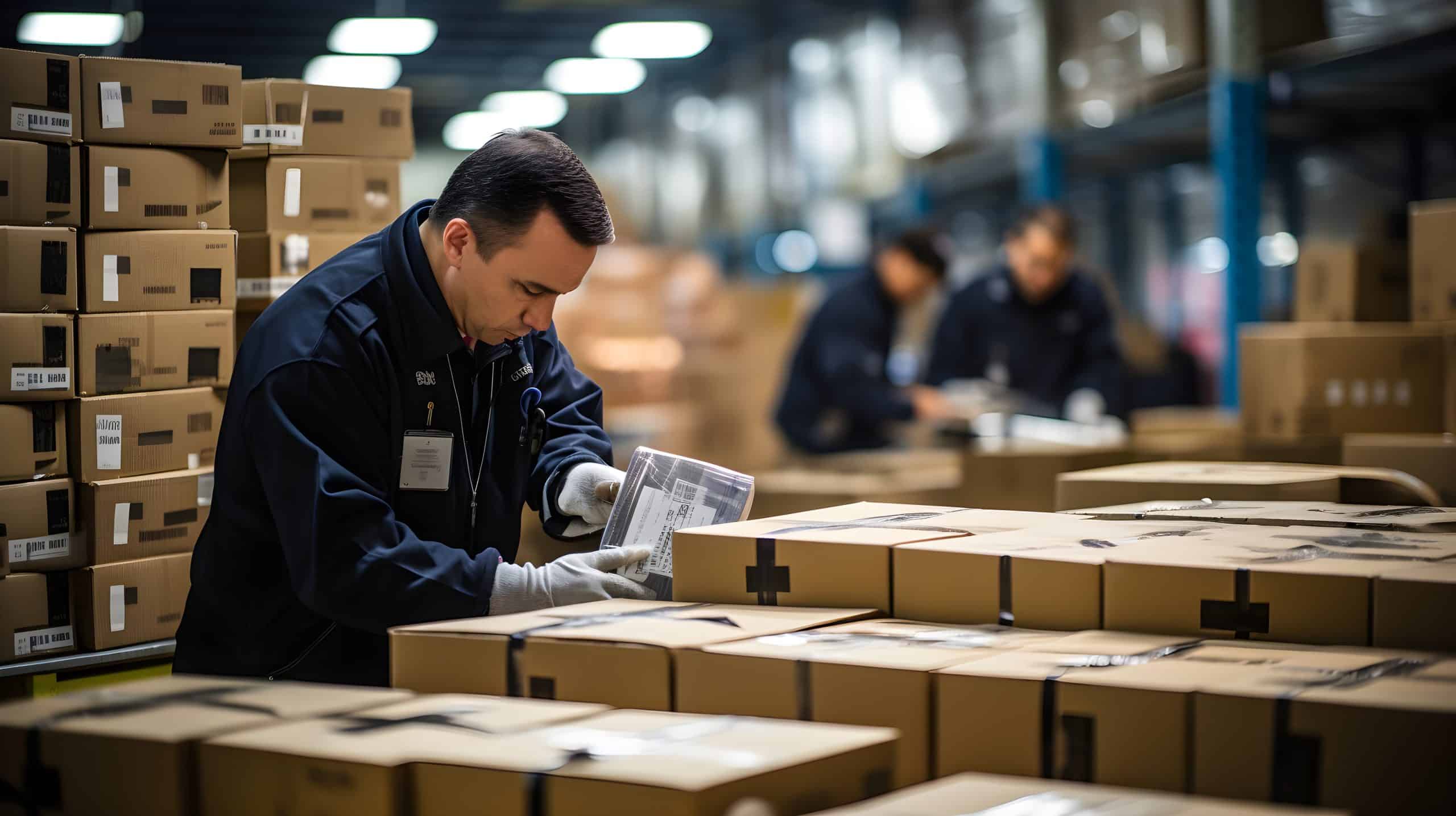 Custom inspection process, medium shot of officers meticulously checking imported goods, emphasizing the scrutiny and formalities required for global trade.